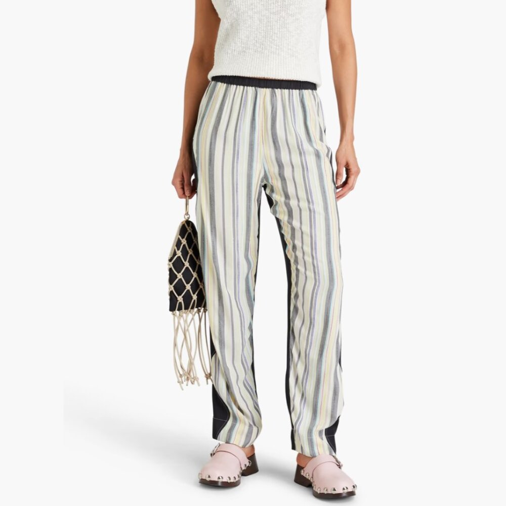 GANNI Striped Mousseline-Paneled Satin Straight-Leg Pants Size 40 (US 8)